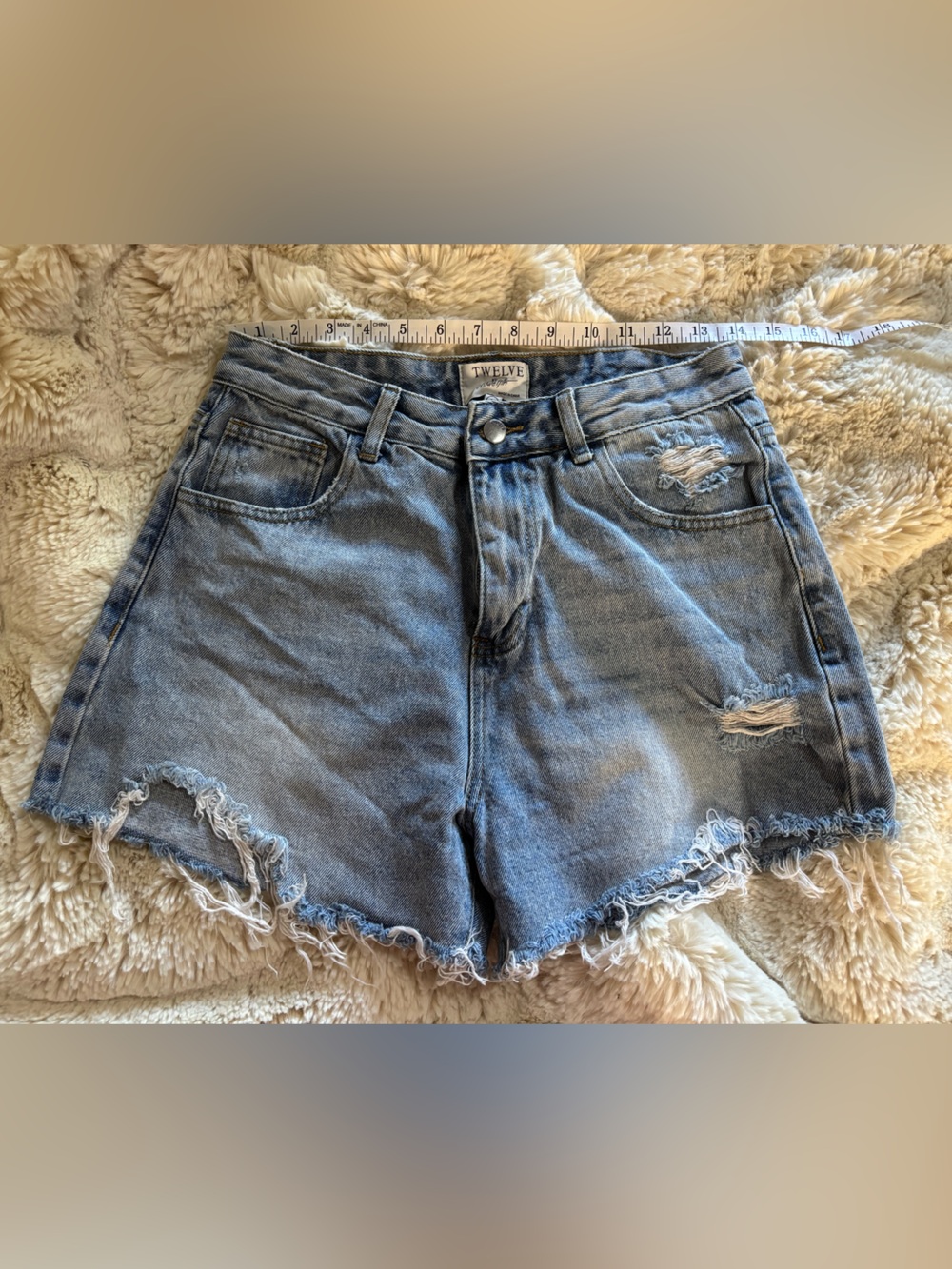 Twelve by On Twelfth High-Rise Distressed Denim Shorts - Light Blue Large